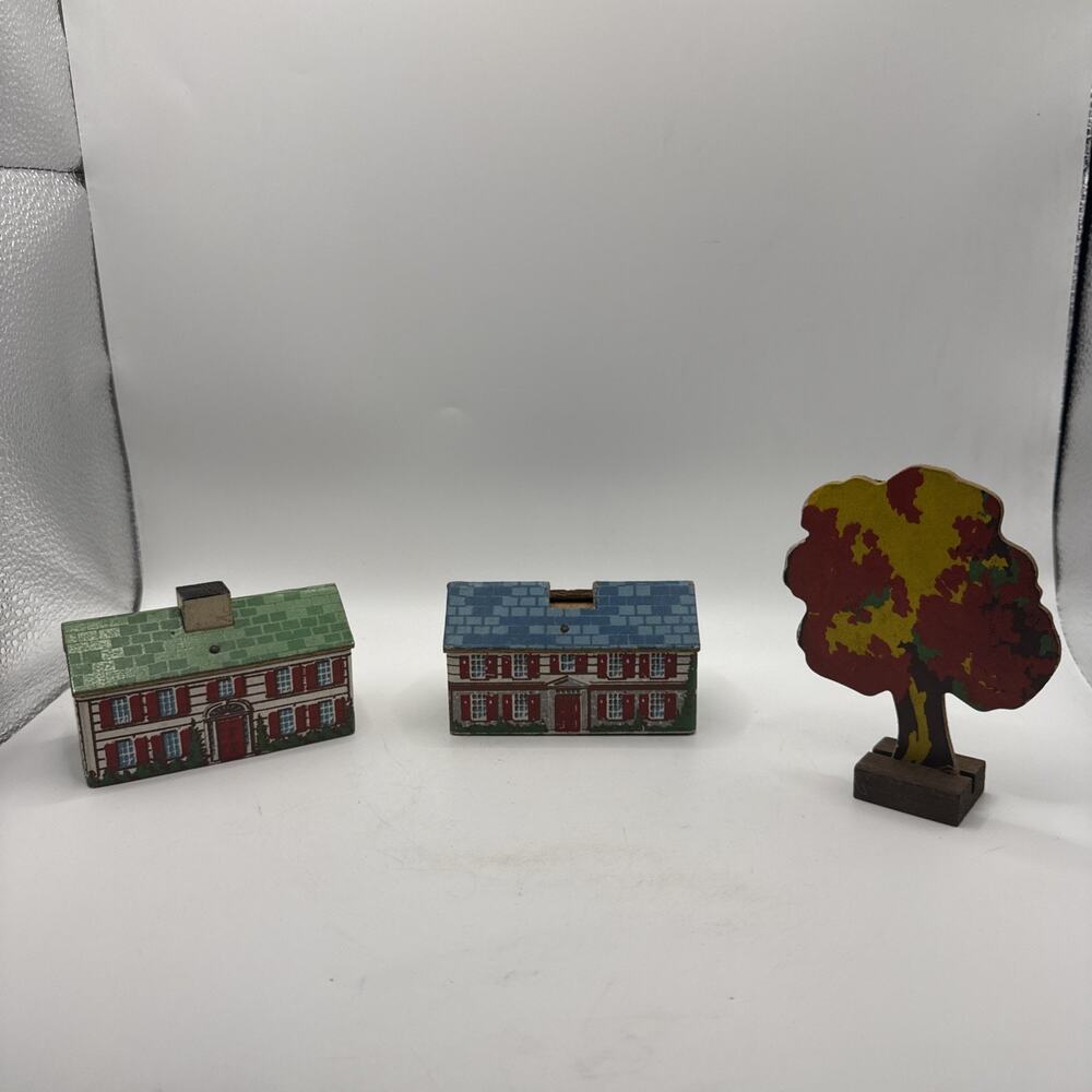 Set Of 2 Vintage Keystone Wooden Block Village Buildings & A Tree